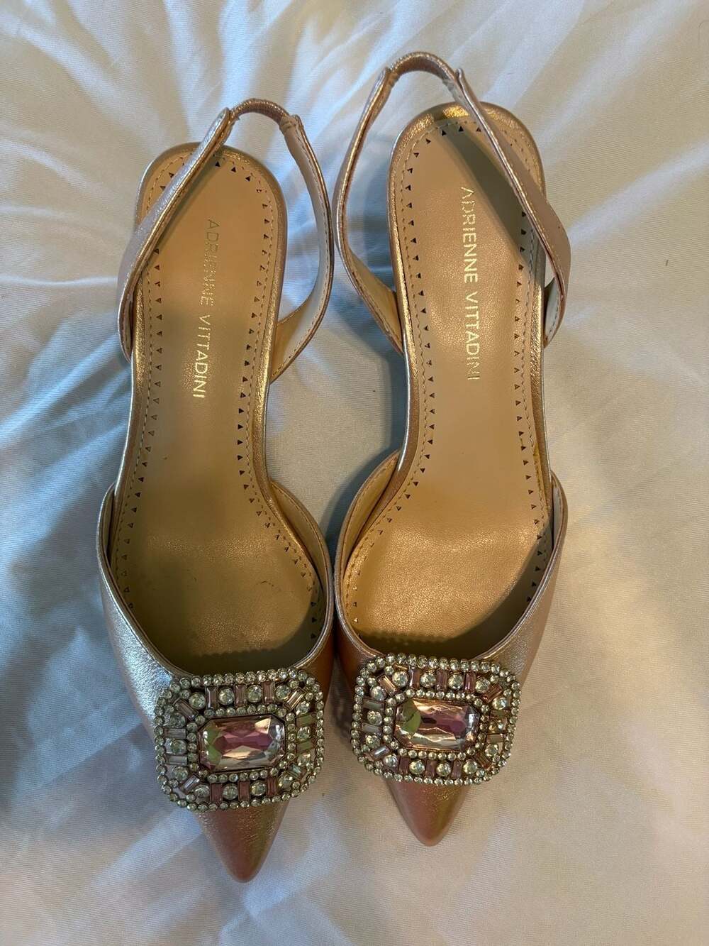 NWOT Adrienne Vittadini Rose Gold Slingback Kitten Heels & Jeweled Buckle, 6 1/2